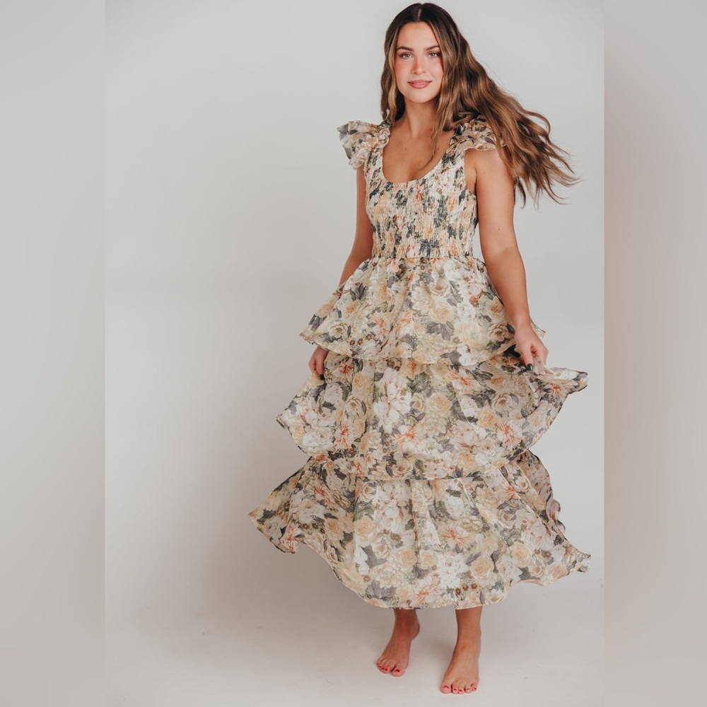 Worth Collective Champagne Floral Tiered Ruffle Organza Maxi/Midi Dress Small